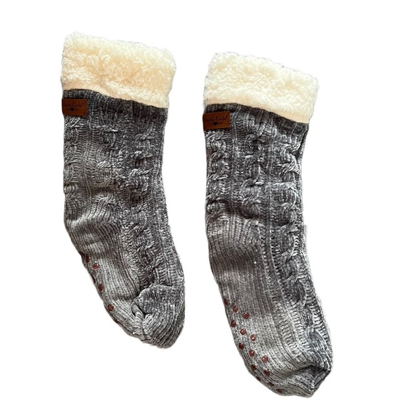 BRITT’S KNITS GRAY SHERPA LINED SLIPPER BOOT CHENILLE NON SLIP SOCKS - Picture 1 of 5